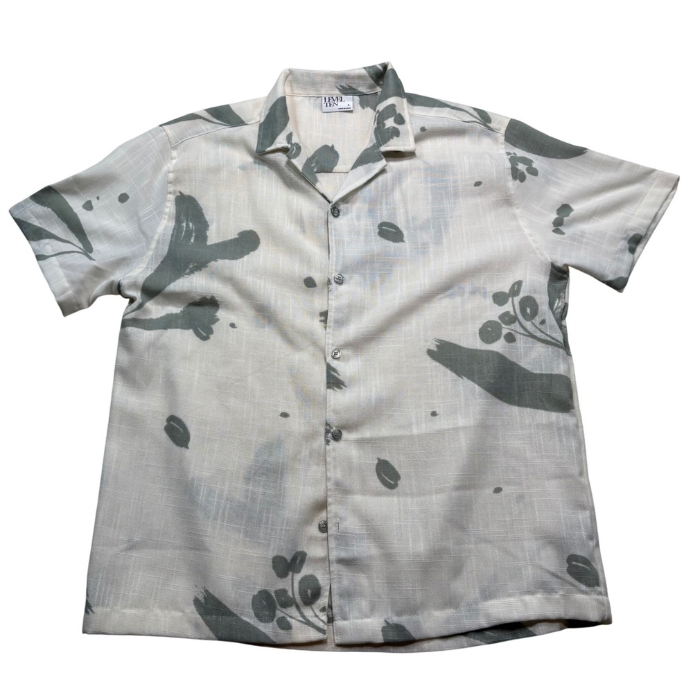 Level Ten Mens Large Short Sleeve Camp Shirt Sage Green Brushstroke‎ Leaf #944